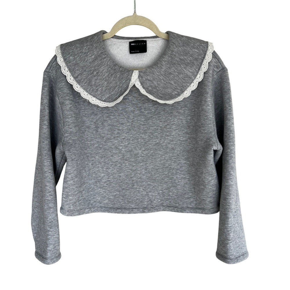 ASOS Grey Cropped Sweatshirt‎ Lace Peter Pan Collar Coquette Capsule XS 0-2